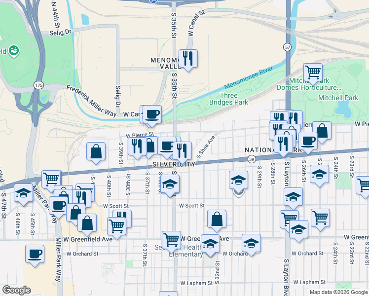 map of restaurants, bars, coffee shops, grocery stores, and more near 3429 West Pierce Street in Milwaukee