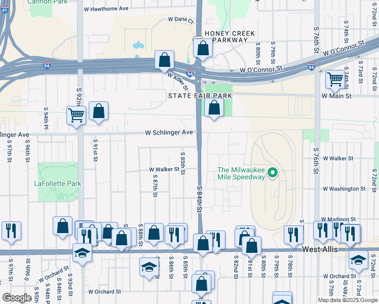 map of restaurants, bars, coffee shops, grocery stores, and more near 806 South 85th Street in West Allis