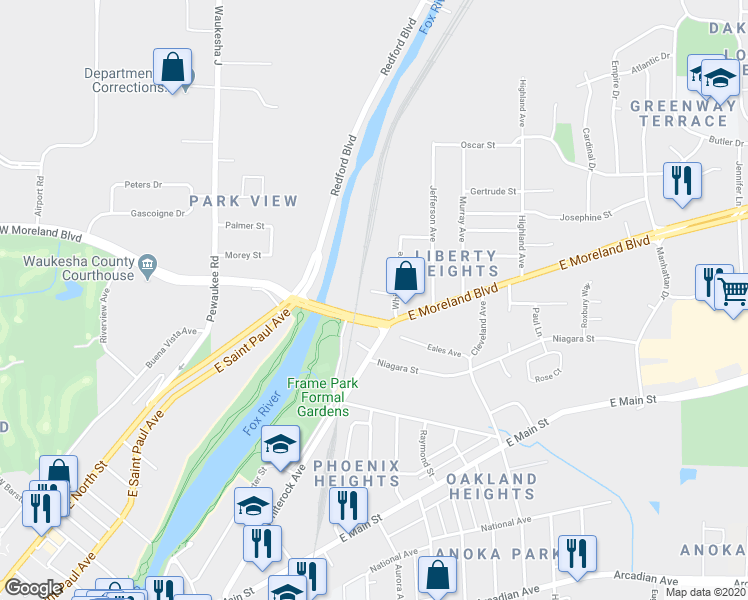 map of restaurants, bars, coffee shops, grocery stores, and more near 800 Rock Street in Waukesha