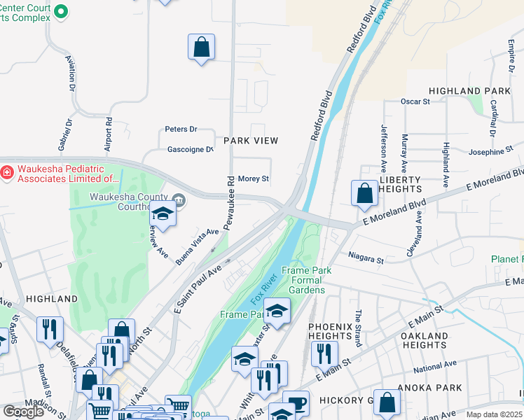 map of restaurants, bars, coffee shops, grocery stores, and more near 1414 East North Street in Waukesha