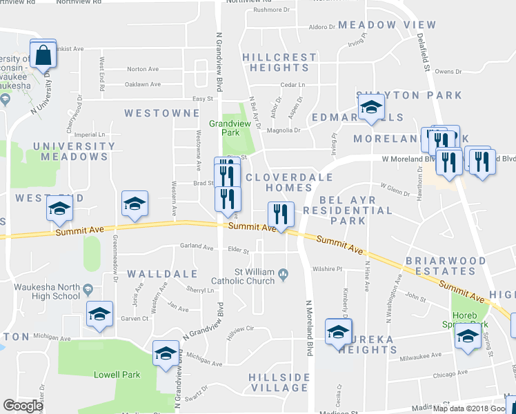 map of restaurants, bars, coffee shops, grocery stores, and more near 708 Sylvan Terrace in Waukesha