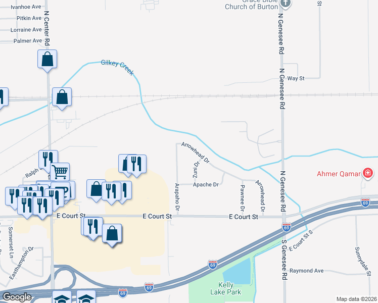 map of restaurants, bars, coffee shops, grocery stores, and more near 1271 Arrowhead Drive in Burton