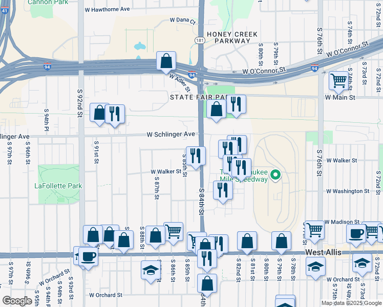 map of restaurants, bars, coffee shops, grocery stores, and more near 806 South 85th Street in West Allis