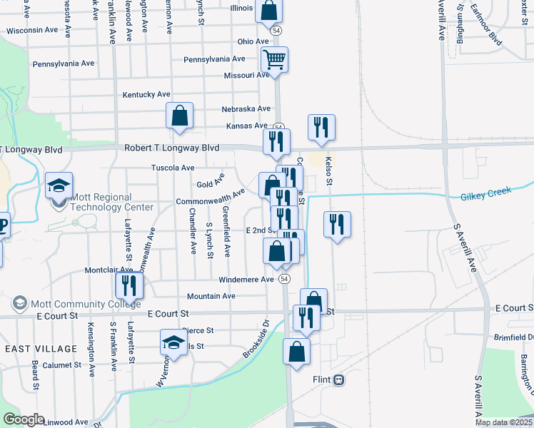 map of restaurants, bars, coffee shops, grocery stores, and more near 425 South Meade Street in Flint