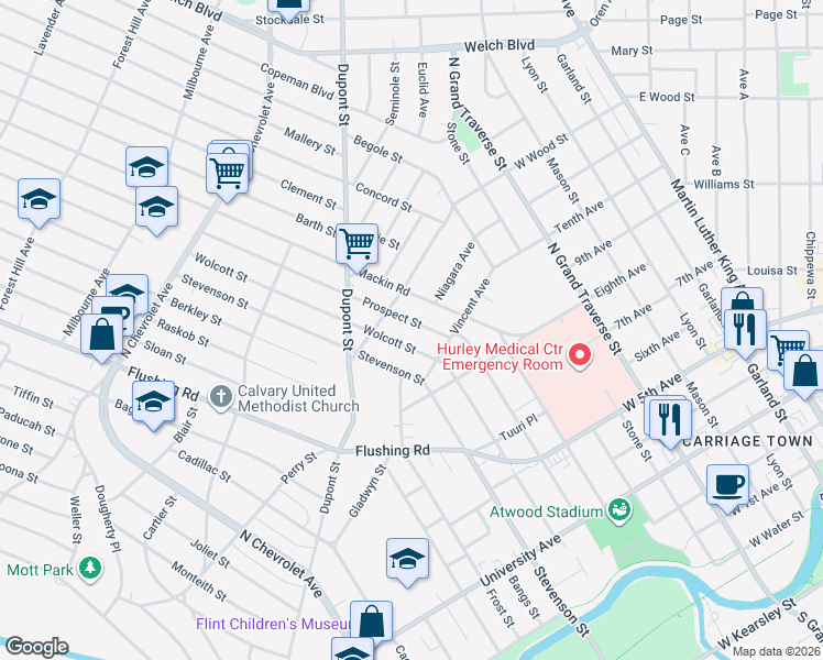 map of restaurants, bars, coffee shops, grocery stores, and more near 1413 Prospect Street in Flint