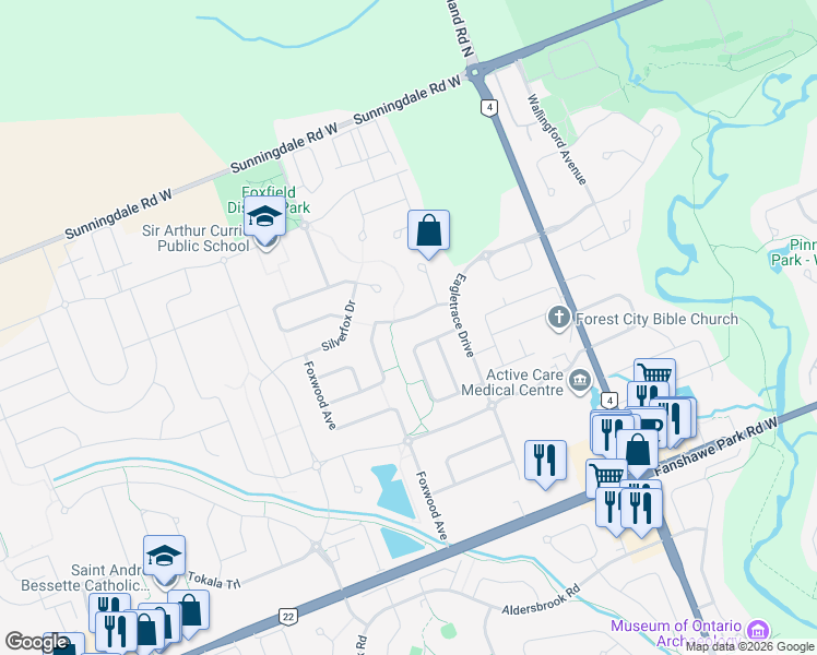 map of restaurants, bars, coffee shops, grocery stores, and more near 943 Foxcreek Road in London