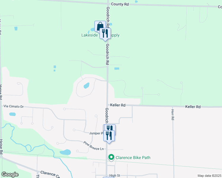 map of restaurants, bars, coffee shops, grocery stores, and more near 6471 Goodrich Road in Clarence Center