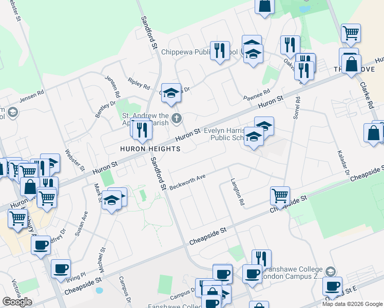 map of restaurants, bars, coffee shops, grocery stores, and more near 103 Huron Green in London