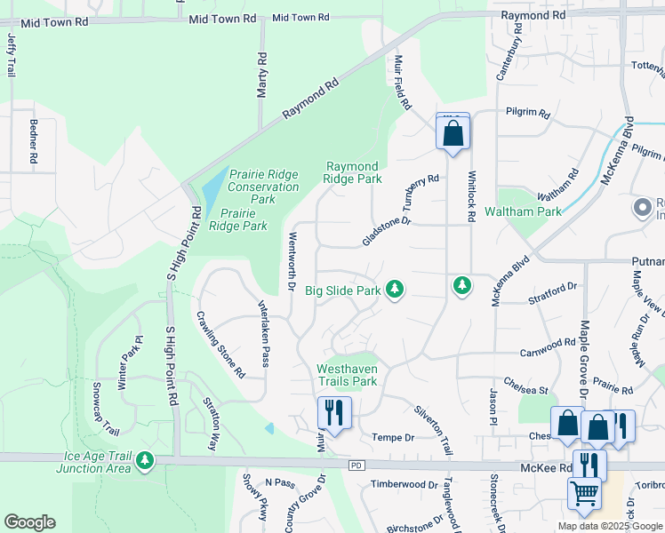 map of restaurants, bars, coffee shops, grocery stores, and more near 2811 Cimarron Trail in Madison