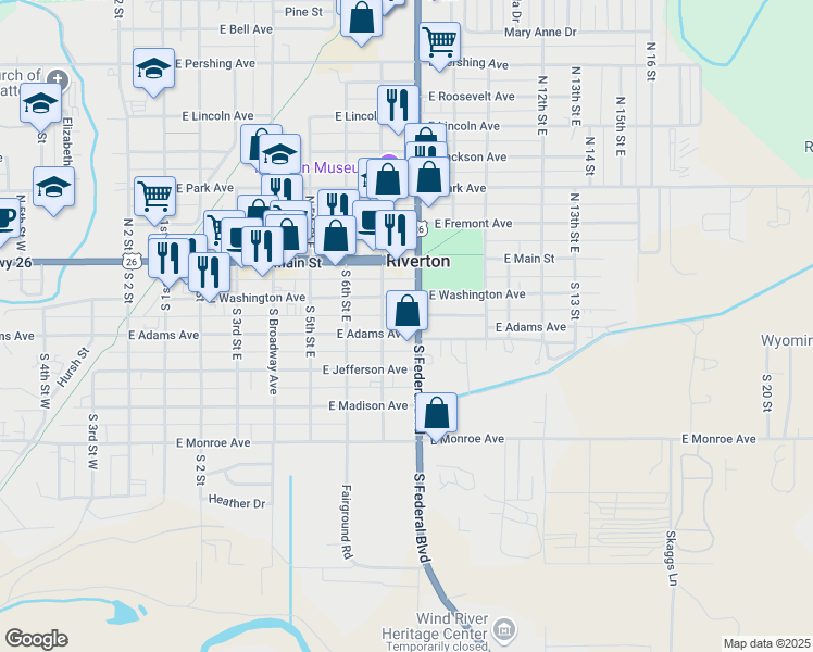 map of restaurants, bars, coffee shops, grocery stores, and more near 720 East Adams Avenue in Riverton