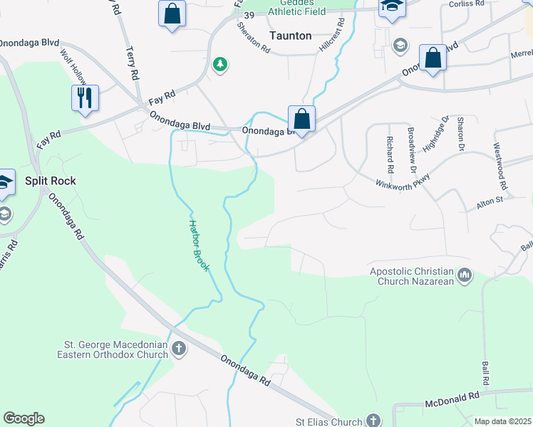 map of restaurants, bars, coffee shops, grocery stores, and more near 4491 Wilderness Way in Syracuse