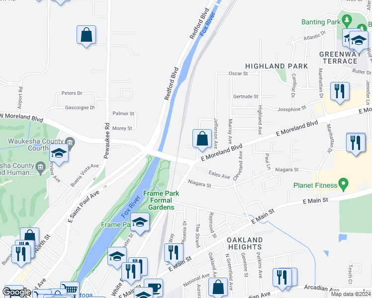 map of restaurants, bars, coffee shops, grocery stores, and more near 811 Rock Street in Waukesha