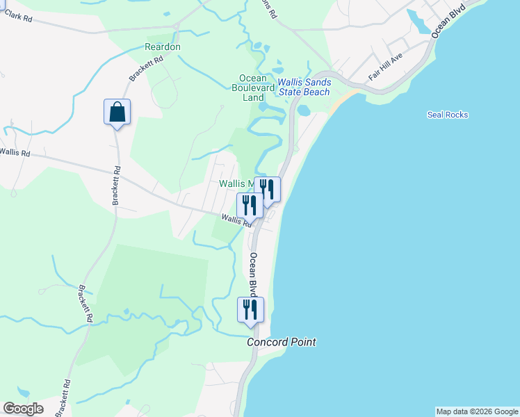 map of restaurants, bars, coffee shops, grocery stores, and more near 21 Wallis Road in Rye