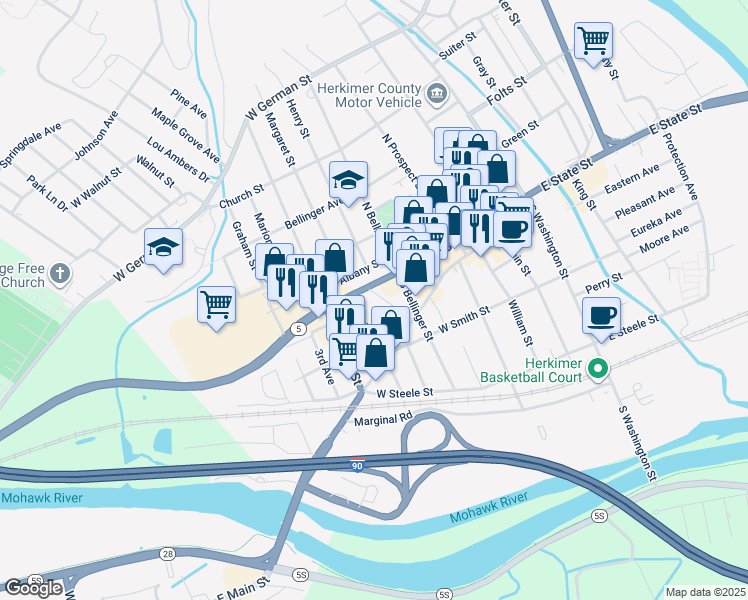 map of restaurants, bars, coffee shops, grocery stores, and more near 100-112 First Avenue in Herkimer