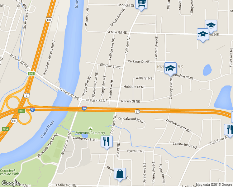 map of restaurants, bars, coffee shops, grocery stores, and more near 3277 Coit Avenue Northeast in Grand Rapids