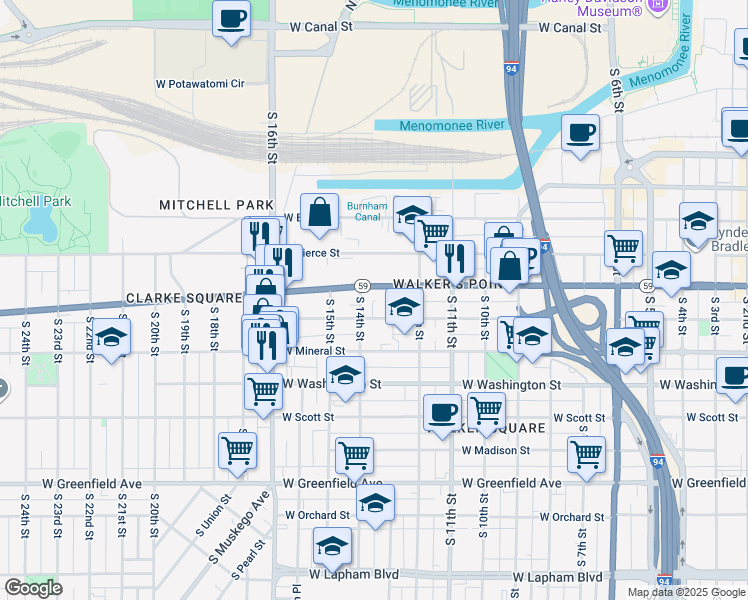 map of restaurants, bars, coffee shops, grocery stores, and more near 1313 West National Avenue in Milwaukee
