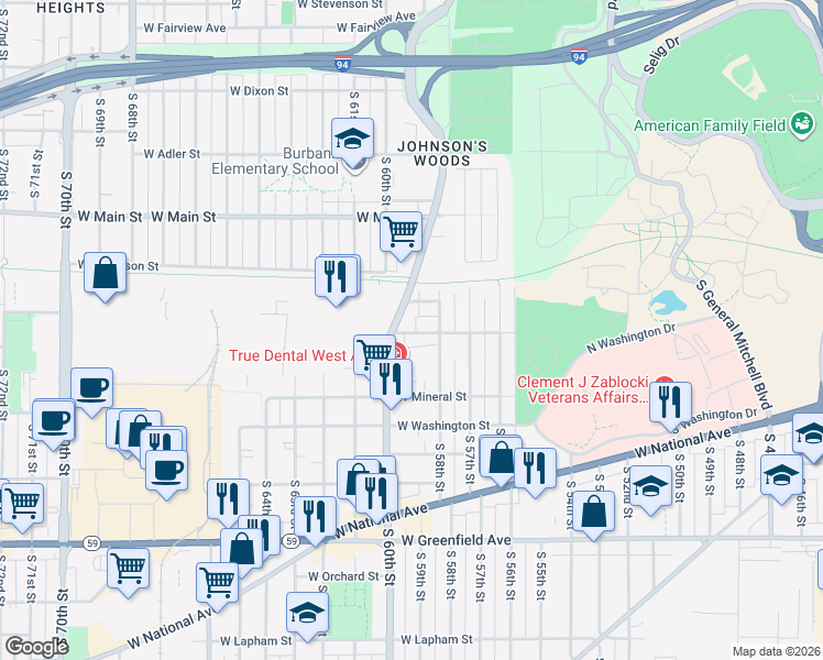 map of restaurants, bars, coffee shops, grocery stores, and more near 828 South 60th Street in West Allis