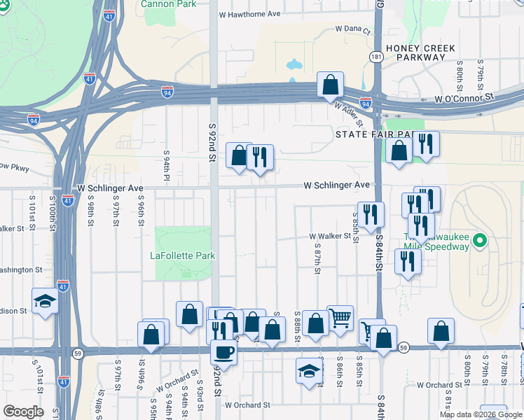 map of restaurants, bars, coffee shops, grocery stores, and more near 732 South 90th Street in West Allis