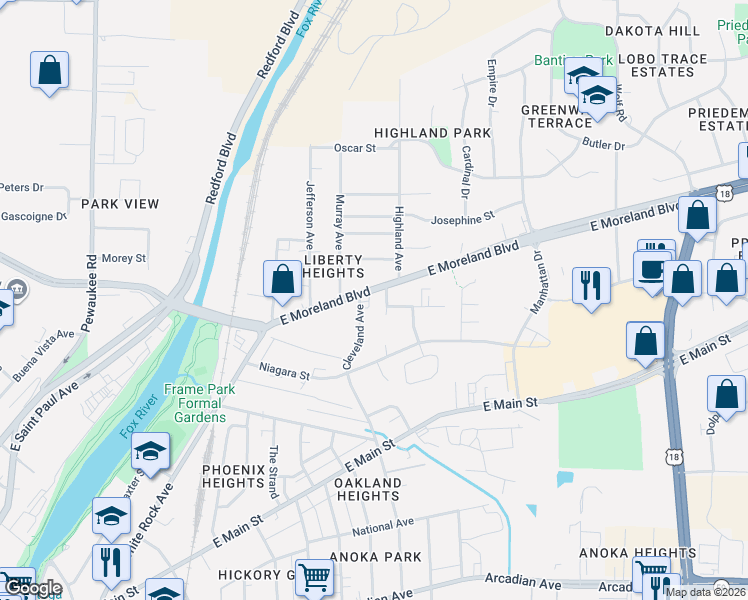 map of restaurants, bars, coffee shops, grocery stores, and more near 1221 East Moreland Boulevard in Waukesha
