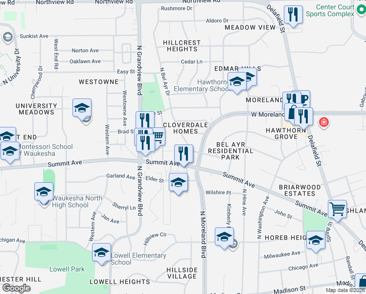 map of restaurants, bars, coffee shops, grocery stores, and more near 720 North Bel Ayr Drive in Waukesha