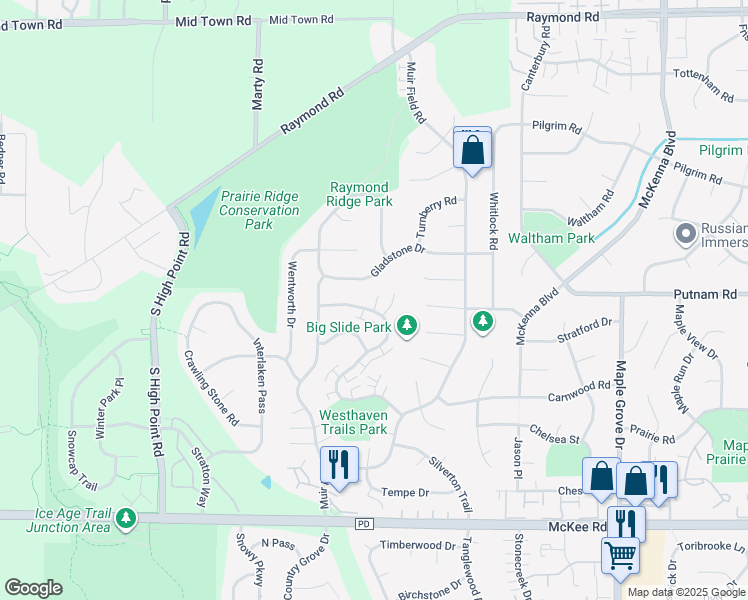 map of restaurants, bars, coffee shops, grocery stores, and more near 7217 Gladstone Drive in Madison