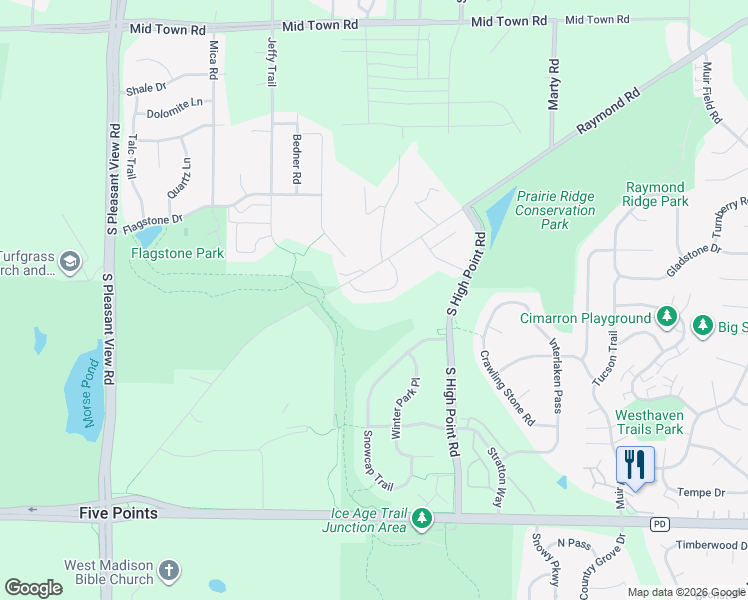 map of restaurants, bars, coffee shops, grocery stores, and more near 2802 South High Point Road in Madison