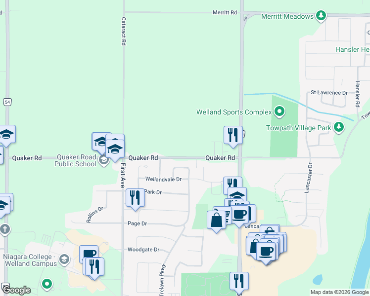 map of restaurants, bars, coffee shops, grocery stores, and more near 232 Quaker Road in Welland