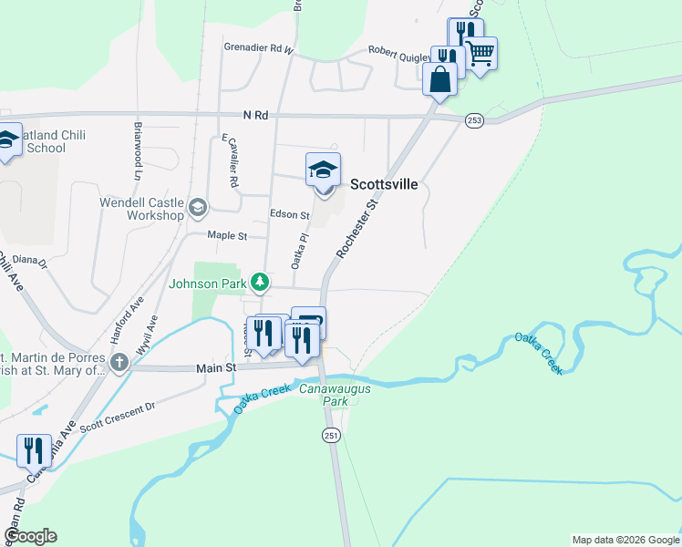 map of restaurants, bars, coffee shops, grocery stores, and more near 23 Rochester Street in Scottsville