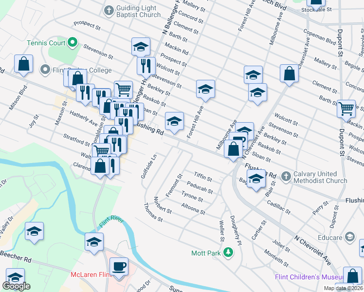 map of restaurants, bars, coffee shops, grocery stores, and more near 2540 Orchard Lane in Flint