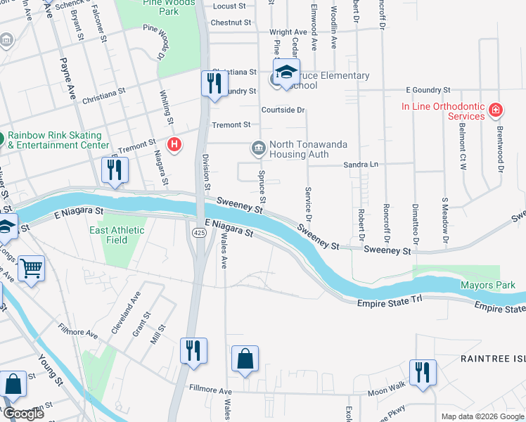 map of restaurants, bars, coffee shops, grocery stores, and more near Sweeney Street in North Tonawanda