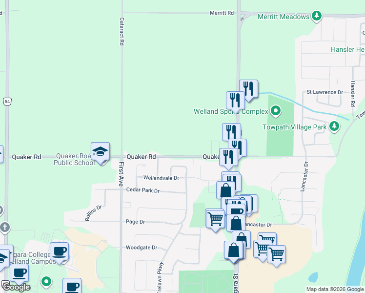 map of restaurants, bars, coffee shops, grocery stores, and more near 232 Quaker Road in Welland
