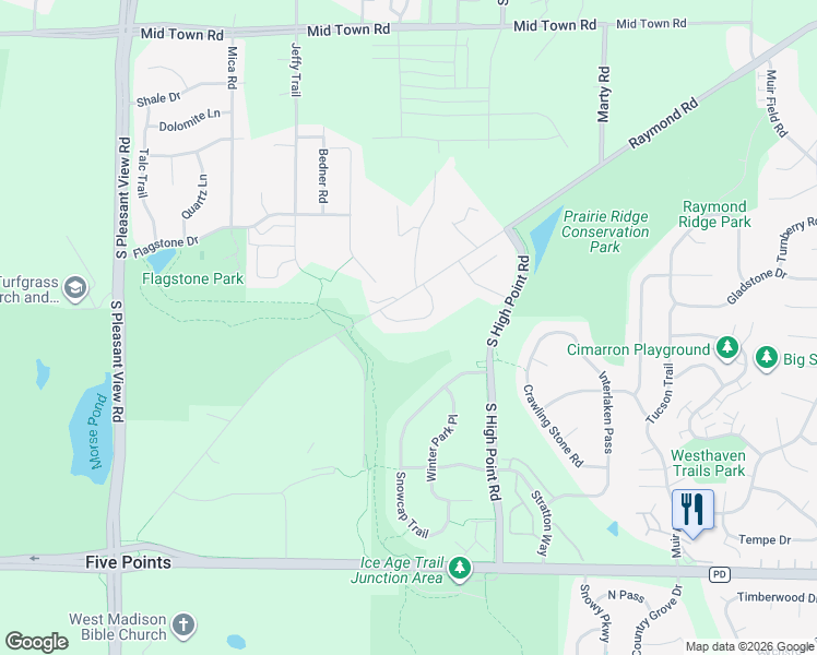 map of restaurants, bars, coffee shops, grocery stores, and more near 2802 South High Point Road in Madison