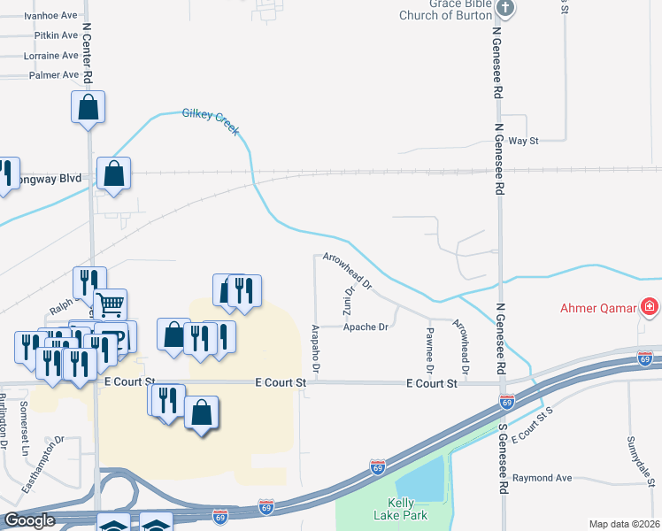 map of restaurants, bars, coffee shops, grocery stores, and more near 1271 Arrowhead Drive in Burton