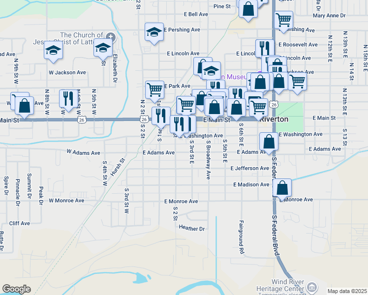 map of restaurants, bars, coffee shops, grocery stores, and more near 214 East Adams Avenue in Riverton