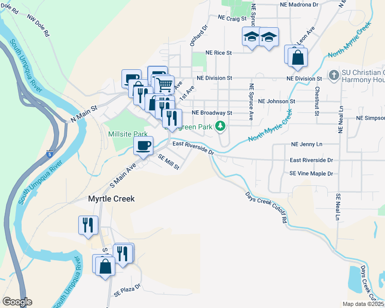 map of restaurants, bars, coffee shops, grocery stores, and more near 123 Southeast Pete's Avenue in Myrtle Creek