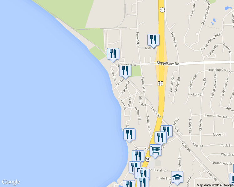 map of restaurants, bars, coffee shops, grocery stores, and more near 5110 Card Avenue in McFarland