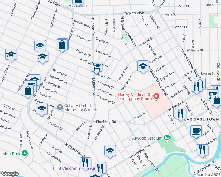 map of restaurants, bars, coffee shops, grocery stores, and more near 1413 Prospect Street in Flint