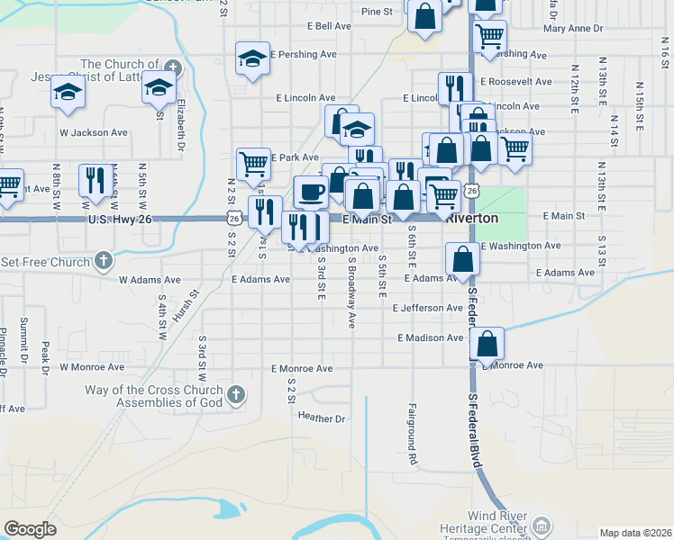 map of restaurants, bars, coffee shops, grocery stores, and more near 316 East Adams Avenue in Riverton