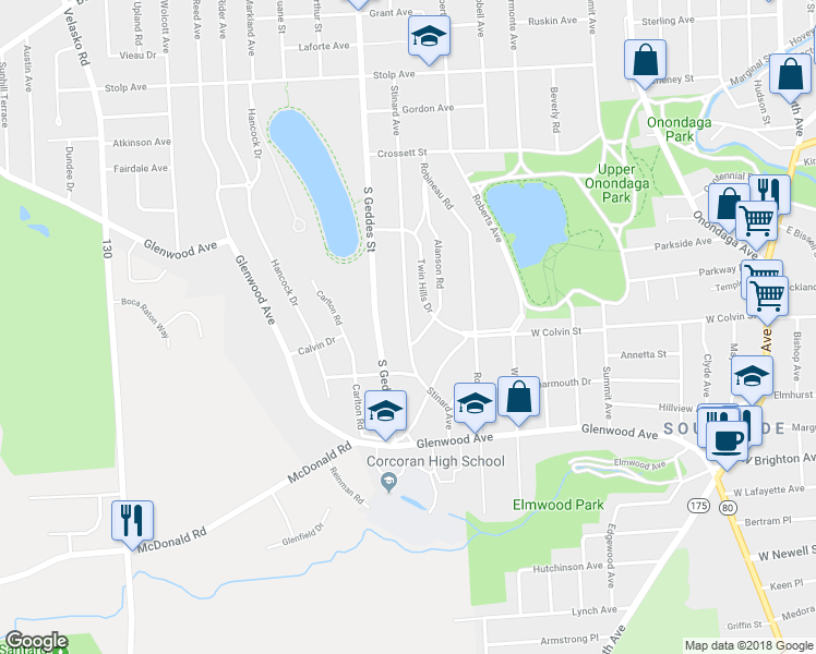 map of restaurants, bars, coffee shops, grocery stores, and more near 735 Stinard Ave in Syracuse