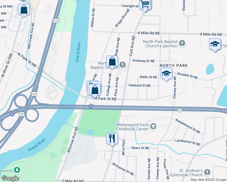 map of restaurants, bars, coffee shops, grocery stores, and more near 3271 Paris Avenue Northeast in Grand Rapids