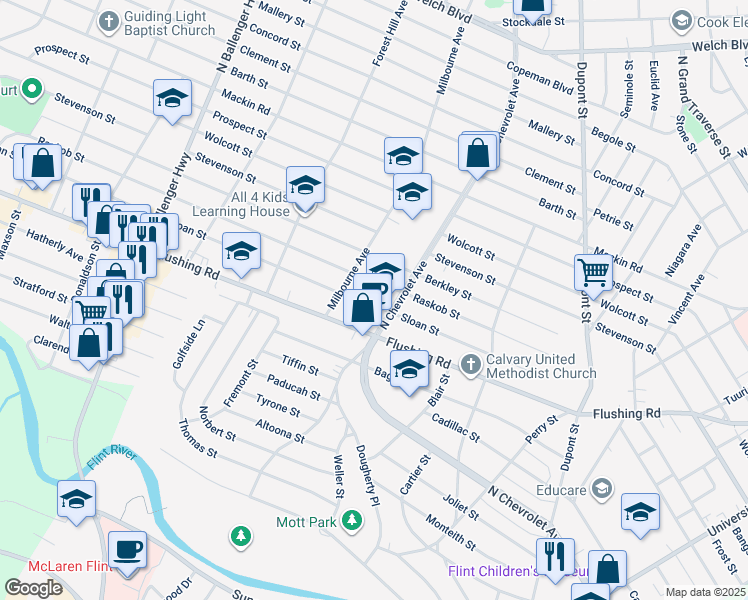 map of restaurants, bars, coffee shops, grocery stores, and more near 2520 Sloan Street in Flint