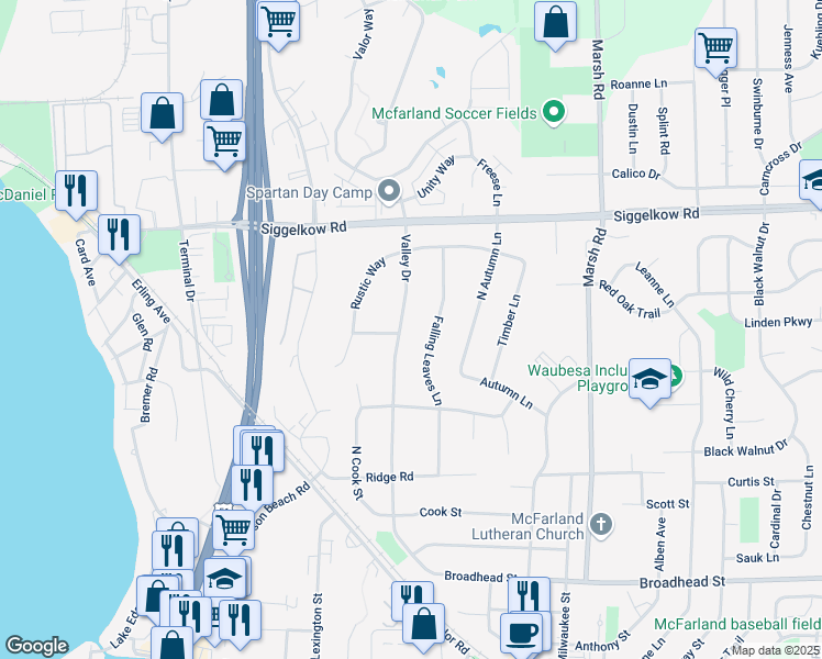 map of restaurants, bars, coffee shops, grocery stores, and more near 5113 Valley Dr in McFarland