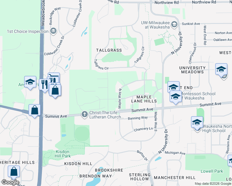 map of restaurants, bars, coffee shops, grocery stores, and more near 706 Maple Way North in Waukesha