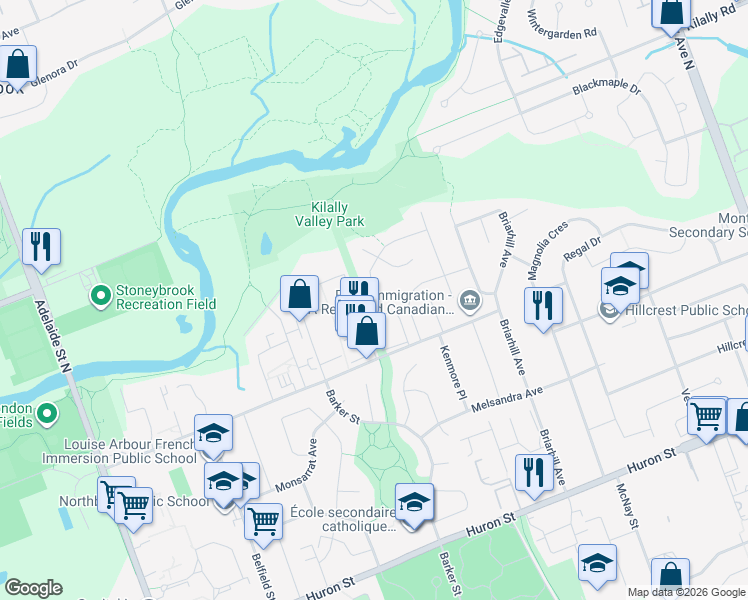 map of restaurants, bars, coffee shops, grocery stores, and more near 563 Ridgeview Drive in London