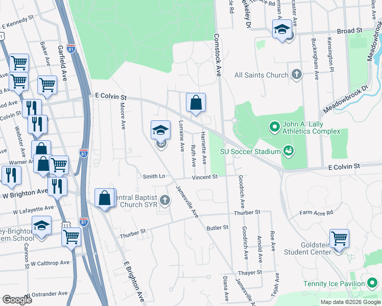 map of restaurants, bars, coffee shops, grocery stores, and more near 137 Ruth Avenue in Syracuse