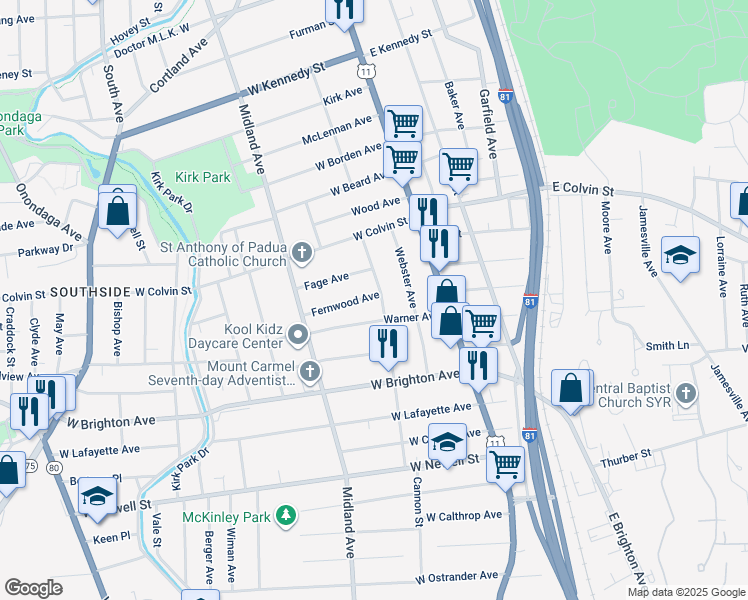 map of restaurants, bars, coffee shops, grocery stores, and more near 117 Fernwood Avenue in Syracuse