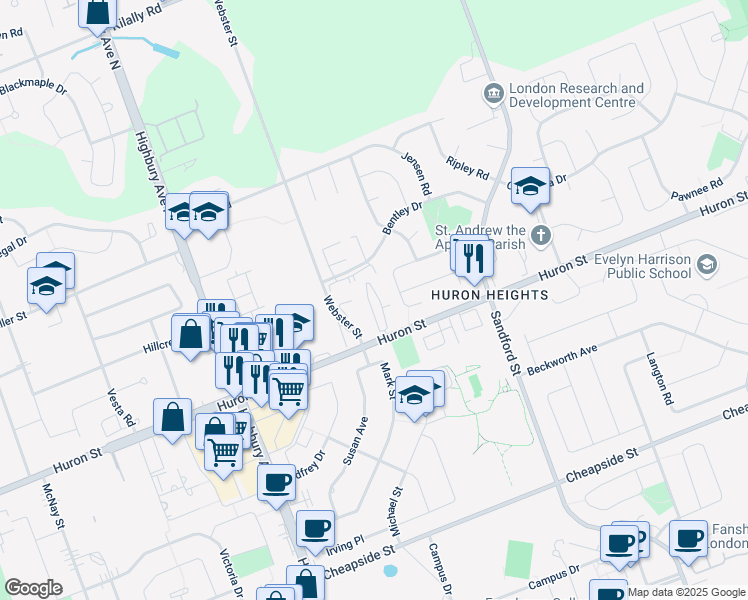 map of restaurants, bars, coffee shops, grocery stores, and more near 1422 Huron Street in London