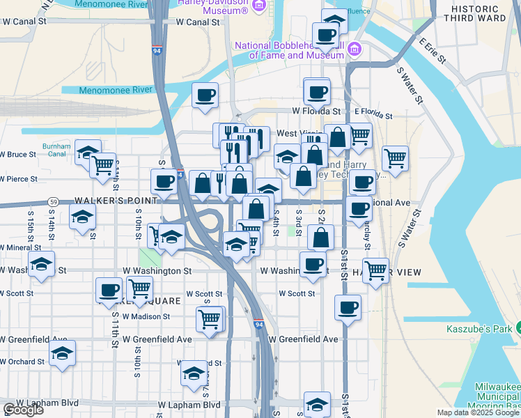 map of restaurants, bars, coffee shops, grocery stores, and more near 425 West National Avenue in Milwaukee