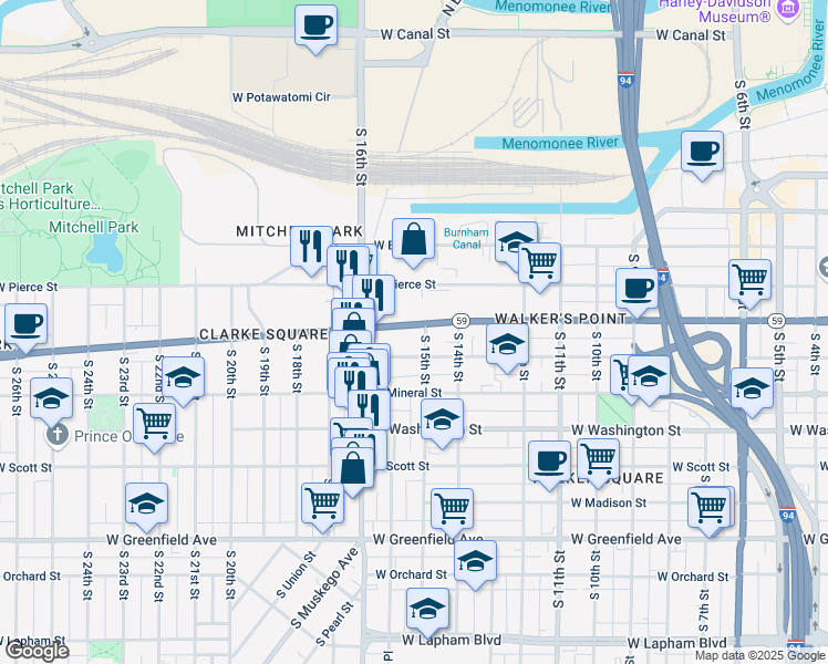 map of restaurants, bars, coffee shops, grocery stores, and more near 1537 West National Avenue in Milwaukee