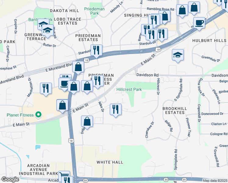 map of restaurants, bars, coffee shops, grocery stores, and more near 1752 East Main Street in Waukesha